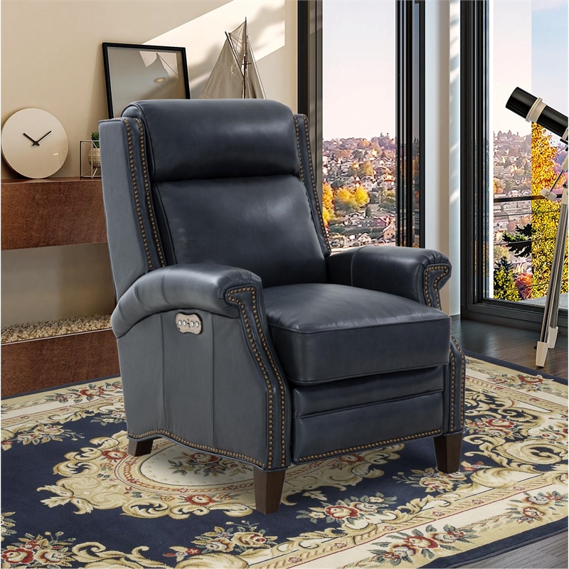 Pemberly Row Power Recliner with Power Head Rest in Barone Navy Blue