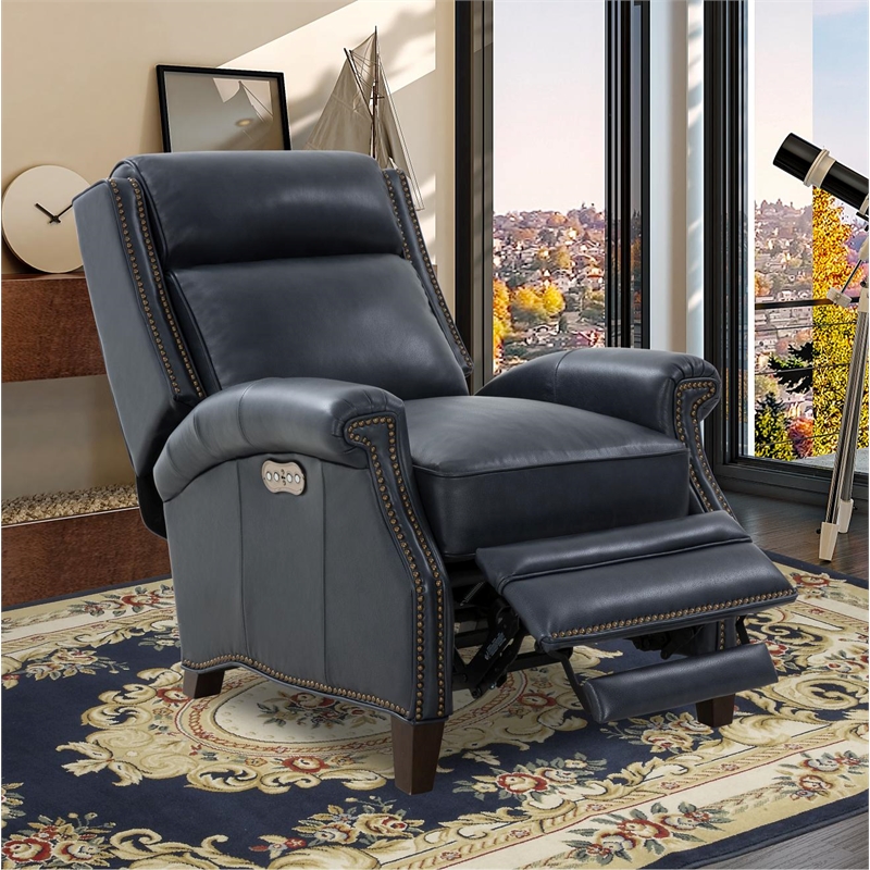 Pemberly Row Power Recliner with Power Head Rest in Barone Navy Blue