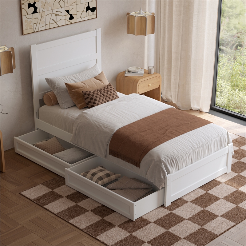 Pemberly Row Twin XL Platform Bed with Footboard and Drawers in White