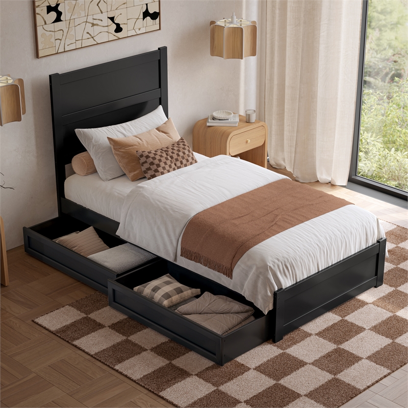 Pemberly Row Twin XL Platform Bed with Footboard and Drawers in Black