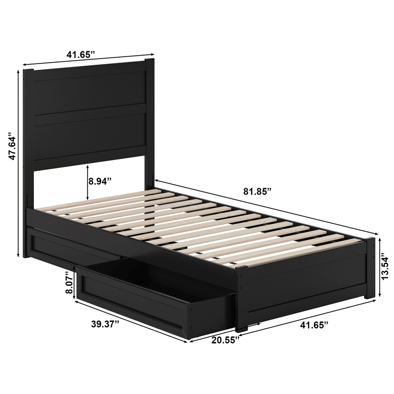 Pemberly Row Twin XL Platform Bed with Footboard and Drawers in Black