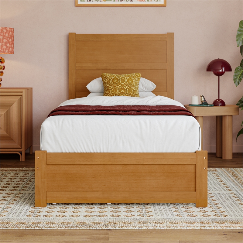 Pemberly Row Twin XL Platform Bed with Footboard and Drawers in Light Toffee