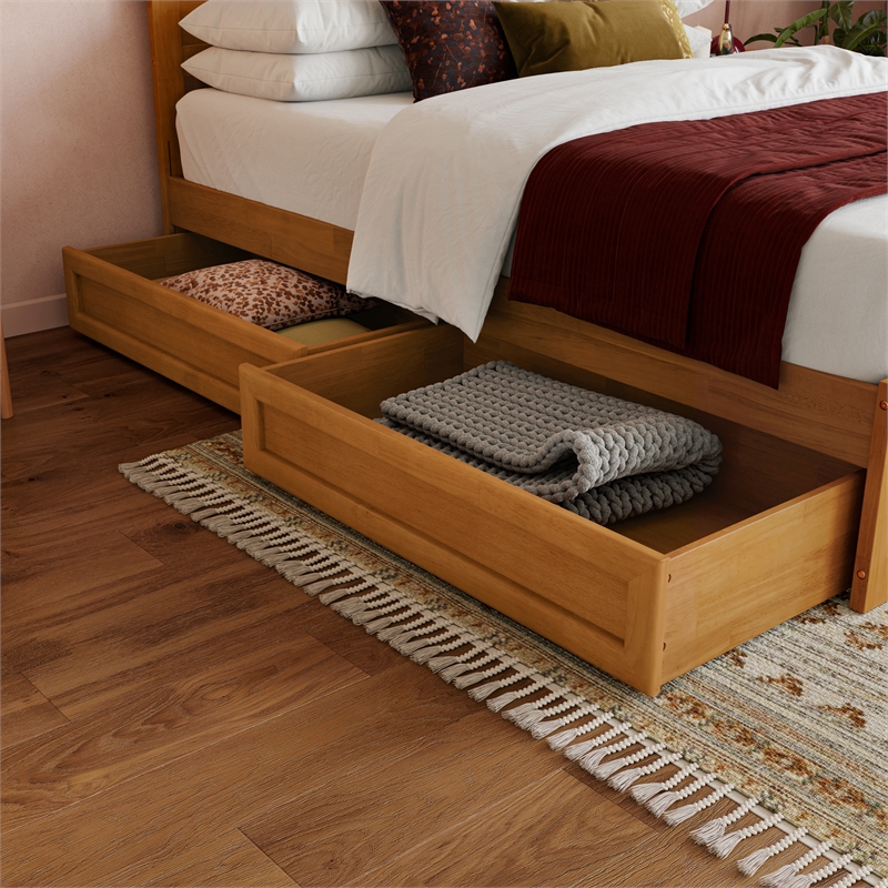 Pemberly Row Twin XL Platform Bed with Footboard and Drawers in Light Toffee