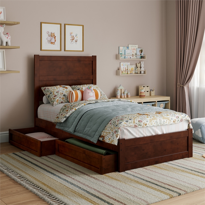 Pemberly Row Twin Platform Bed with Footboard and Drawers in Walnut