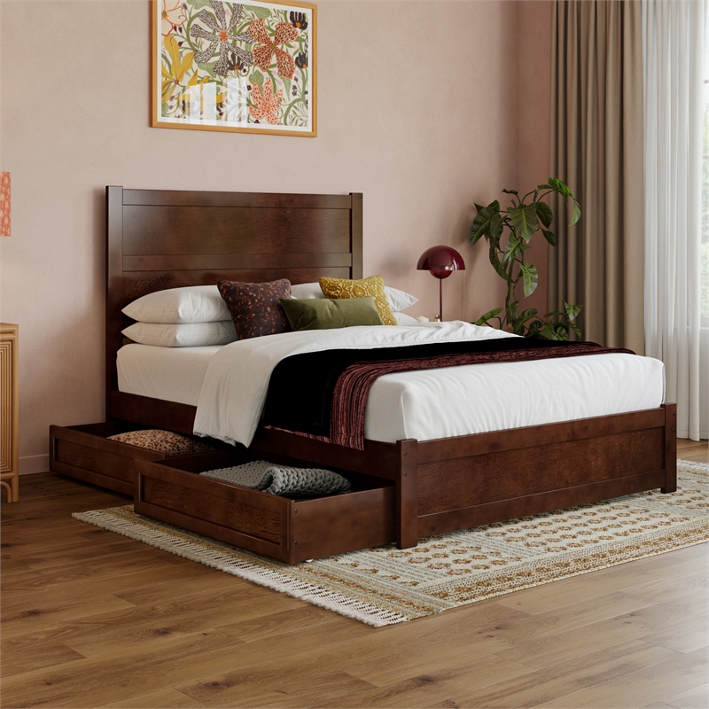 Pemberly Row Full Platform Bed with Footboard and Drawers in Walnut