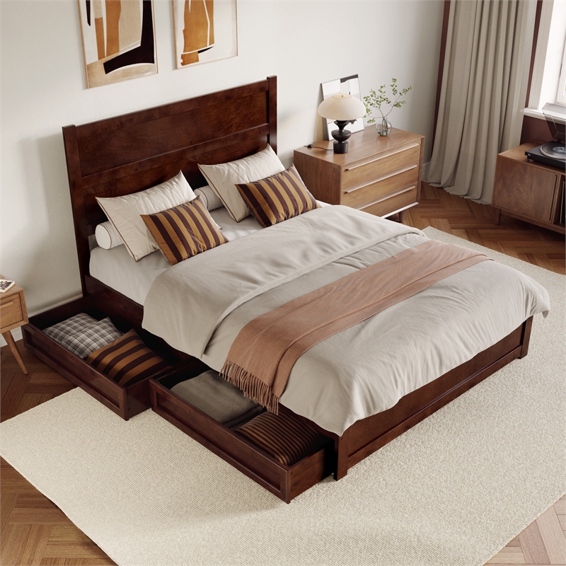 Pemberly Row Queen Platform Bed with Footboard and Drawers in Walnut