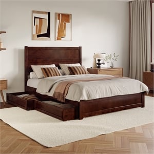 Pemberly Row Queen Platform Bed with Footboard and Drawers in Walnut
