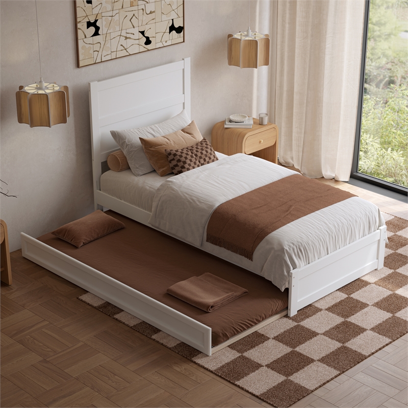 Pemberly Row Twin XL Platform Bed with Footboard and Twin XL Trundle in White