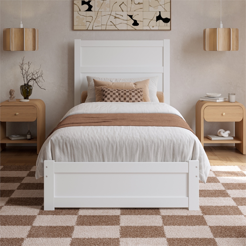 Pemberly Row Twin XL Platform Bed with Footboard and Twin XL Trundle in White