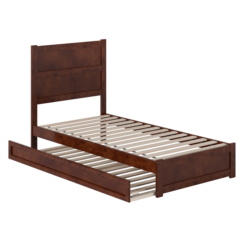 Pemberly Row Twin XL Platform Bed with Footboard and Twin XL Trundle in Walnut