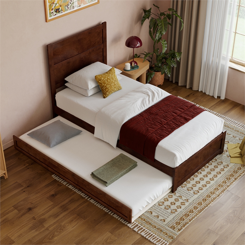 Pemberly Row Twin XL Platform Bed with Footboard and Twin XL Trundle in Walnut