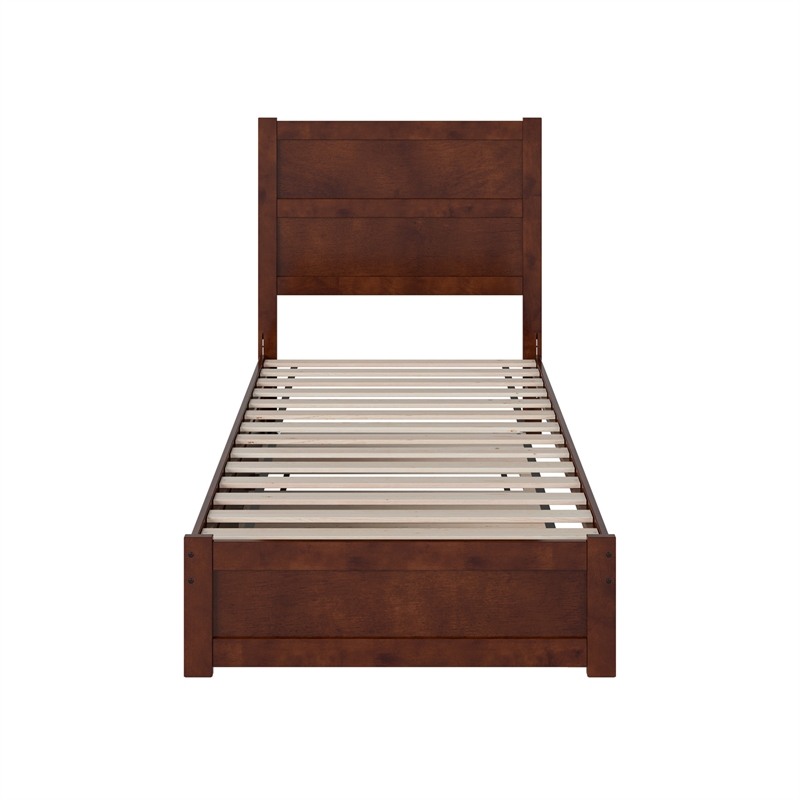 Pemberly Row Twin XL Platform Bed with Footboard and Twin XL Trundle in Walnut