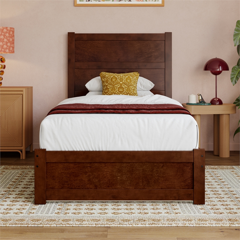 Pemberly Row Twin XL Platform Bed with Footboard and Twin XL Trundle in Walnut