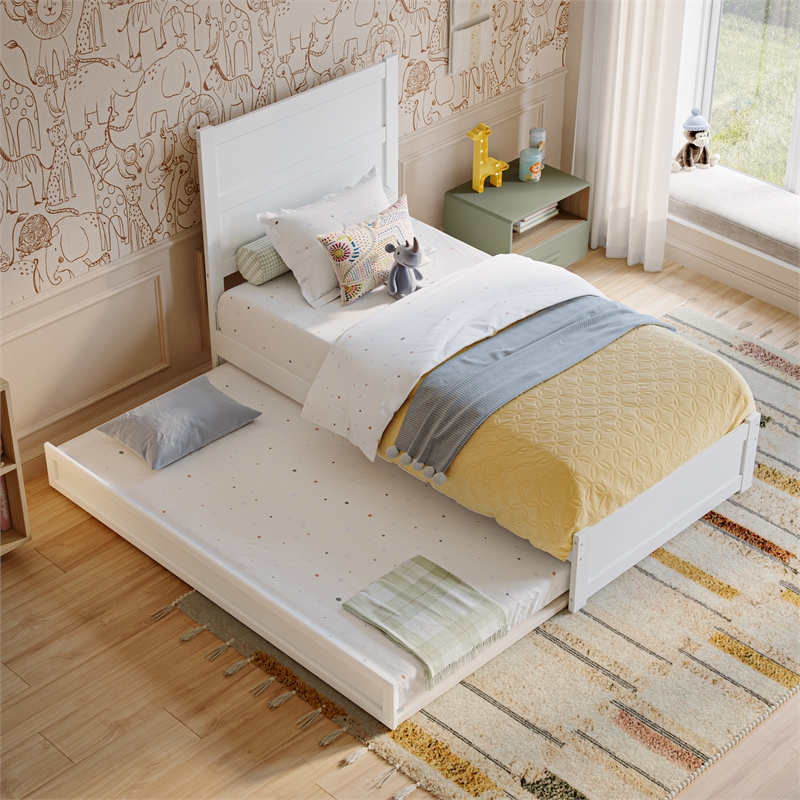 Pemberly Row Twin Platform Bed with Footboard and Twin Trundle in White