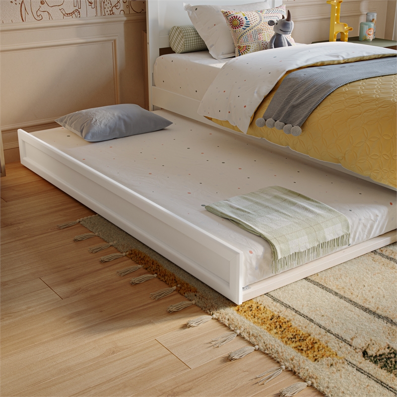 Pemberly Row Twin Platform Bed with Footboard and Twin Trundle in White