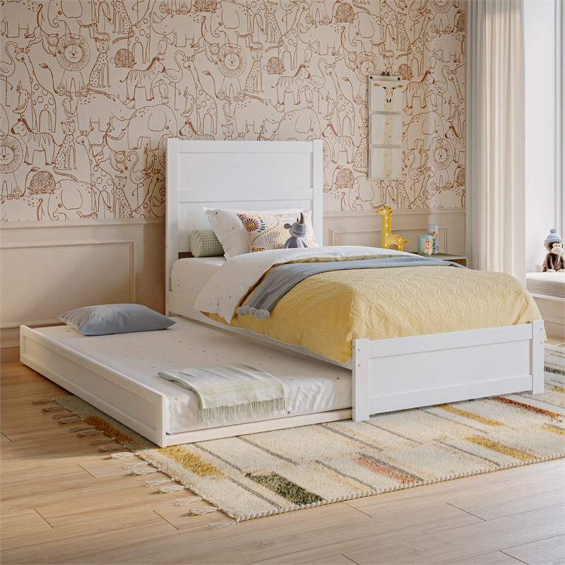 Pemberly Row Twin Platform Bed with Footboard and Twin Trundle in White