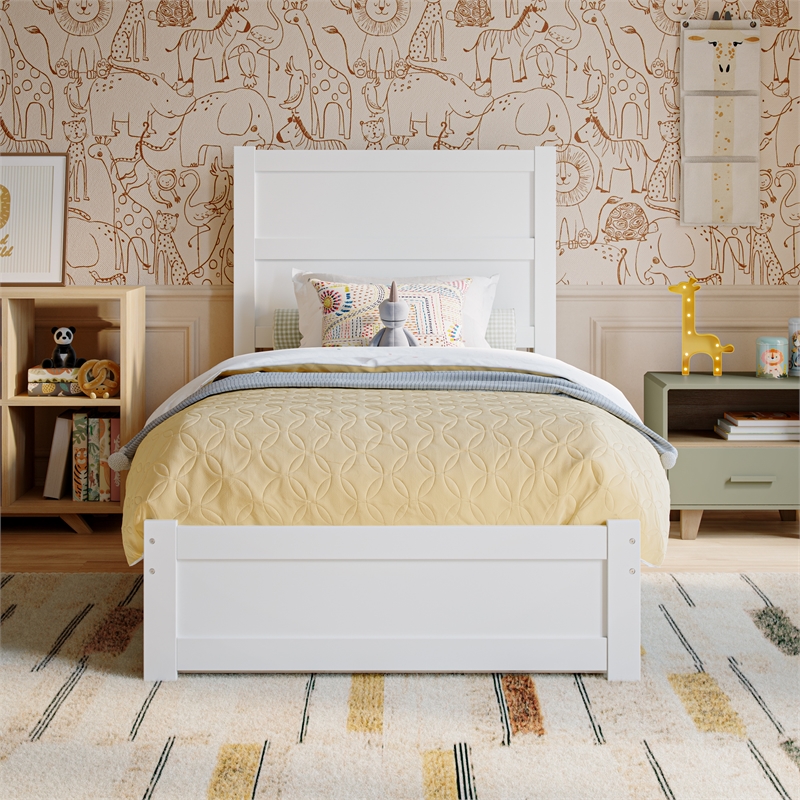 Pemberly Row Twin Platform Bed with Footboard and Twin Trundle in White