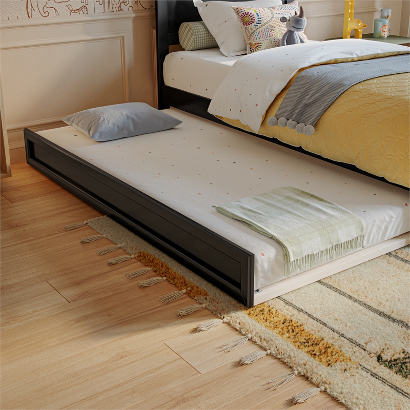 Pemberly Row Twin Platform Bed with Footboard and Twin Trundle in Black
