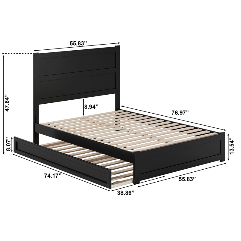 Pemberly Row Full Platform Bed with Footboard and Twin Trundle in Black