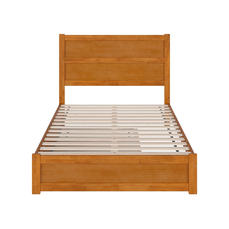 Pemberly Row Full Platform Bed with Footboard and Twin Trundle in Light Toffee