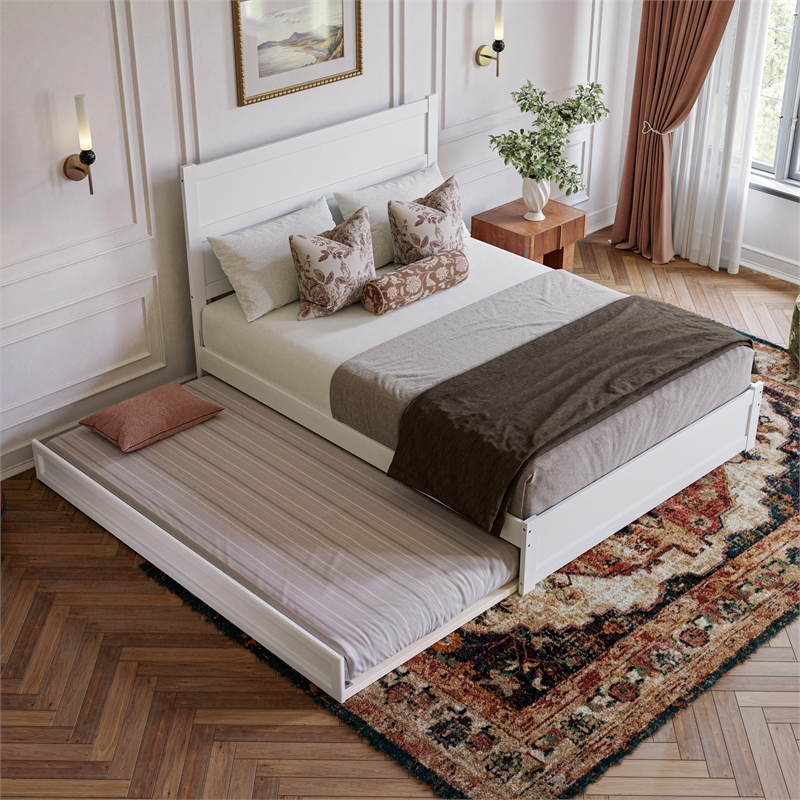 Pemberly Row Queen Platform Bed with Footboard and Twin XL Trundle in White