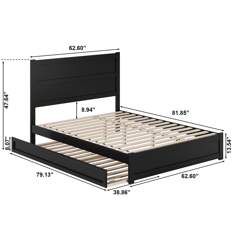 Pemberly Row Queen Platform Bed with Footboard and Twin XL Trundle in Black