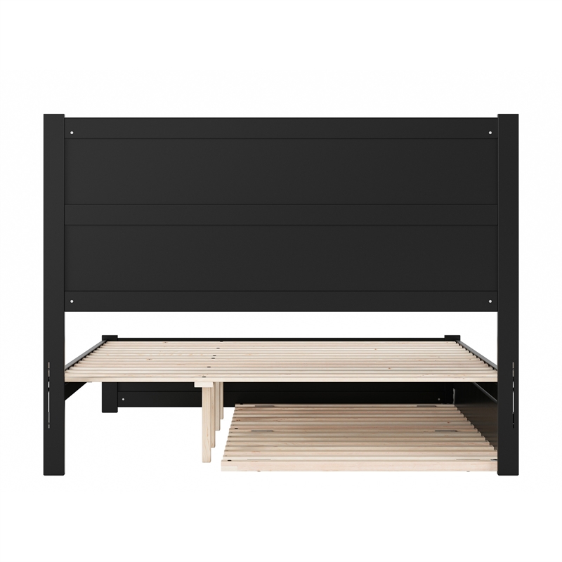 Pemberly Row Queen Platform Bed with Footboard and Twin XL Trundle in Black