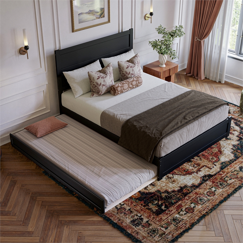 Pemberly Row Queen Platform Bed with Footboard and Twin XL Trundle in Black
