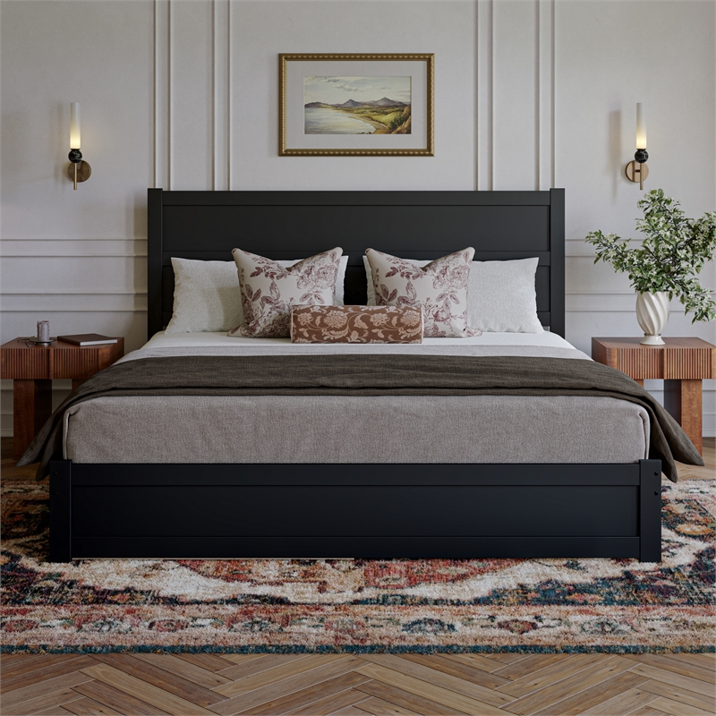 Pemberly Row King Platform Bed with Footboard and Twin XL Trundle in Black