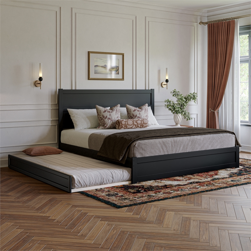 Pemberly Row King Platform Bed with Footboard and Twin XL Trundle in Black