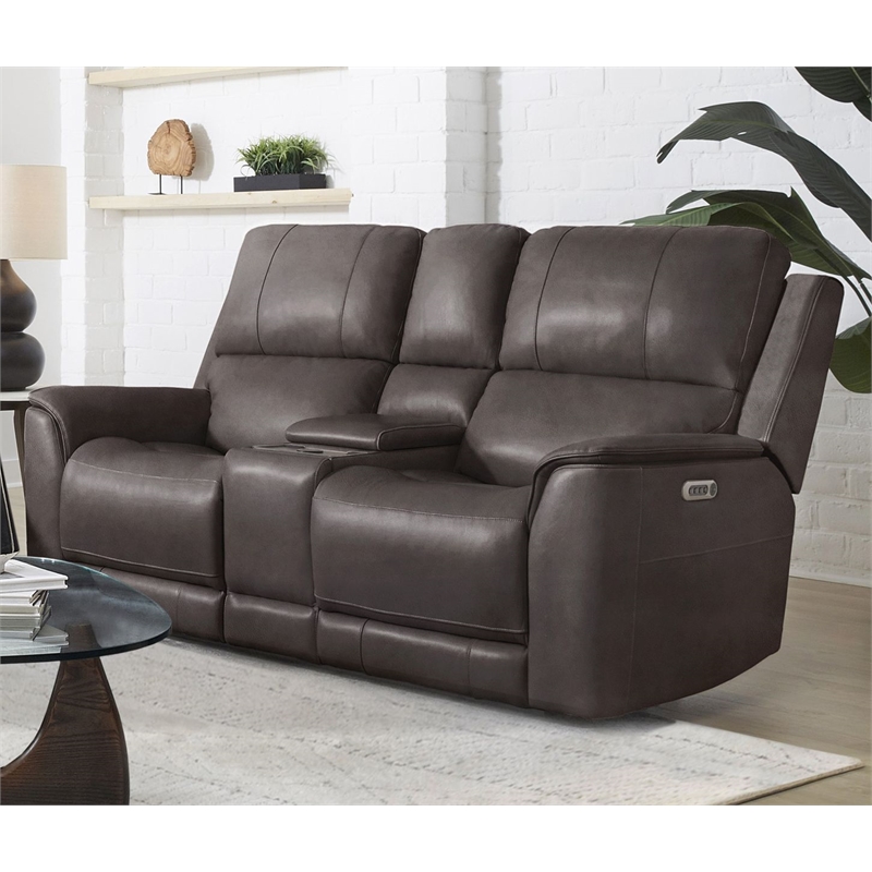 Pemberly Row Brown Zero Gravity Power Reclining Console Loveseat
