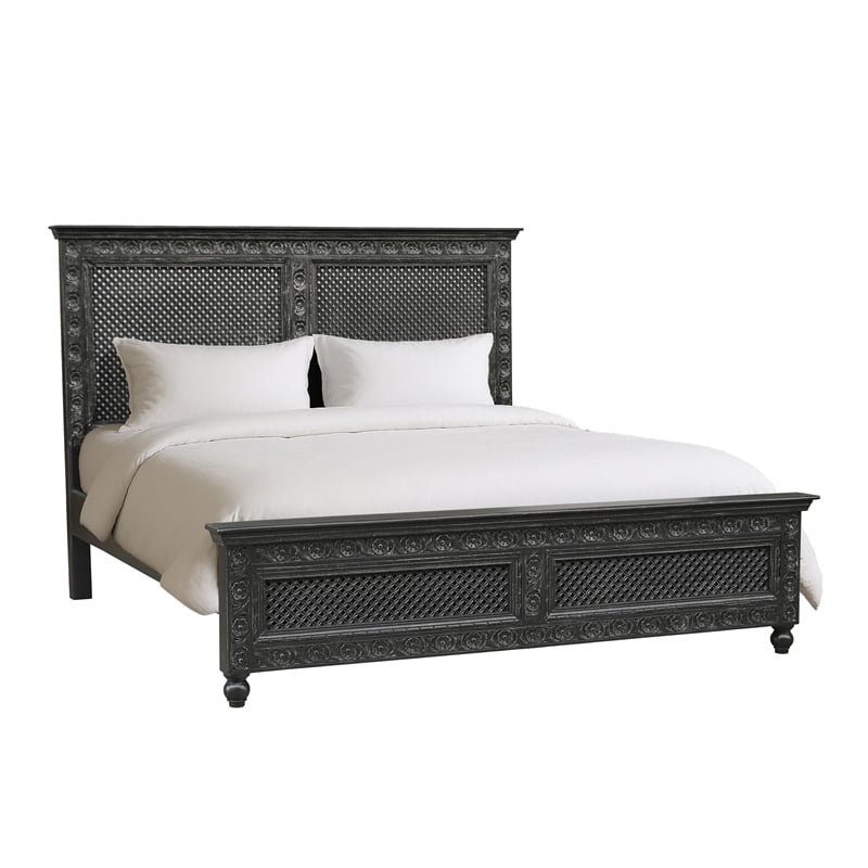 Pemberly Row Black Hand-Carved Solid Wood King Panel Bed with Floral Headboard