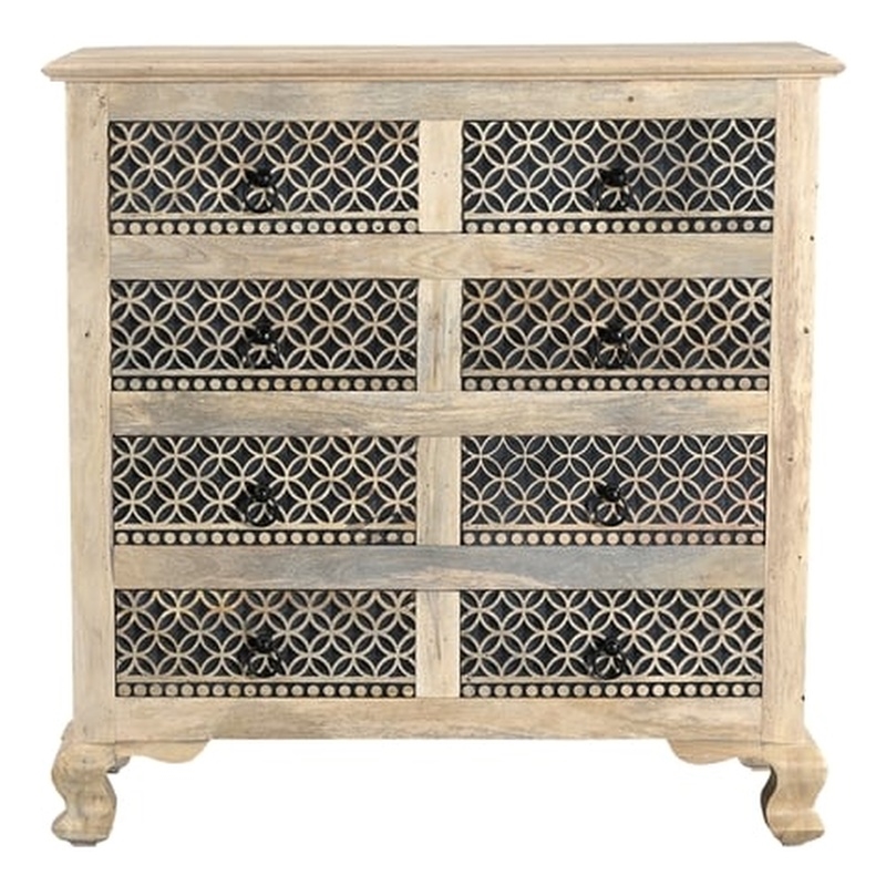 Pemberly Row White and Black Solid Wood 8 Drawer Chest with Carved Drawers