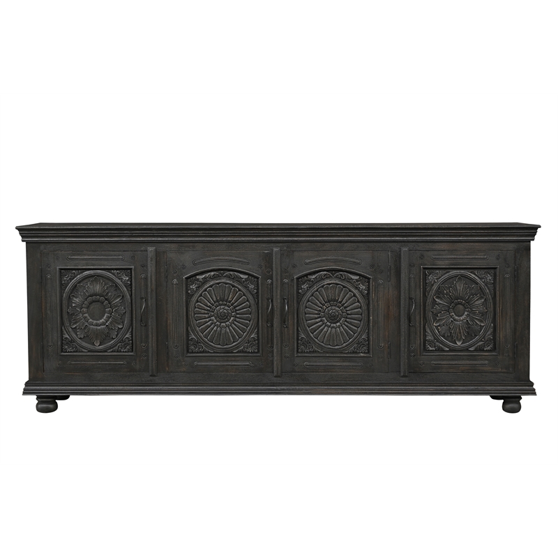 Pemberly Row Black Solid Wood Carved Sideboard Cabinet with Floral Details