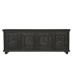 Pemberly Row Black Solid Wood Carved Sideboard Cabinet with Floral Details