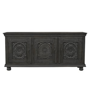 Pemberly Row Black Solid Wood Carved Sideboard Cabinet with Floral Details