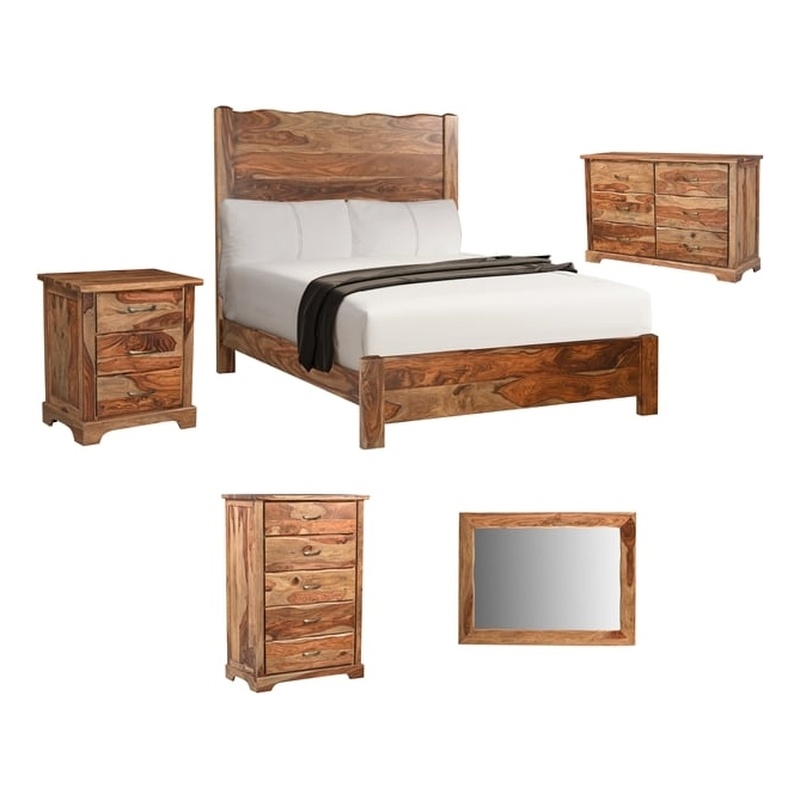 Pemberly Row Brown Live Edge Solid Wood Sheesham 5-Piece Queen Bedroom Set