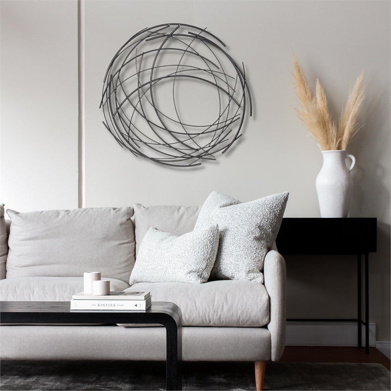 Pemberly Row Large Abstract Round Textured Metal Wall Art in Black