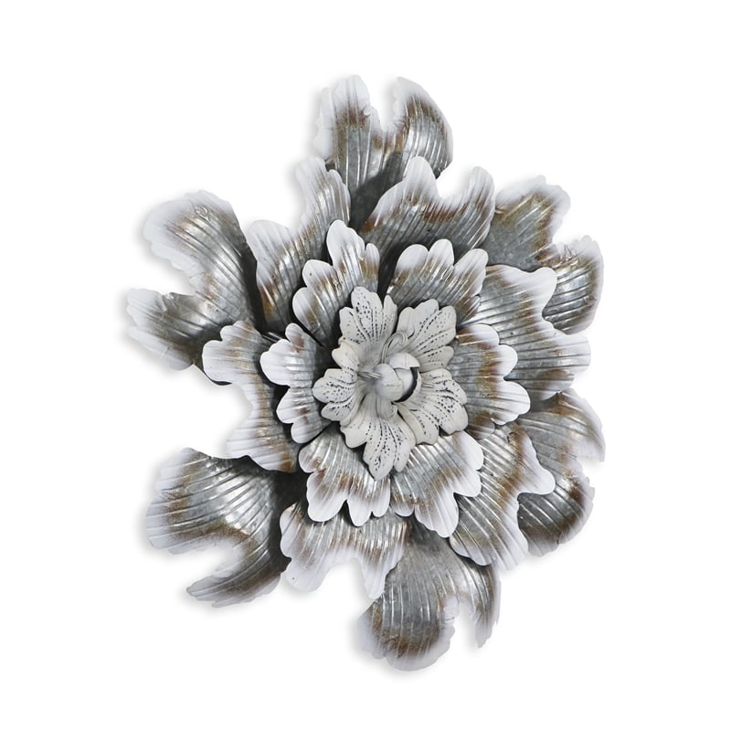 Pemberly Row Galvanized Metal Peony Style Wall Decor in Silver