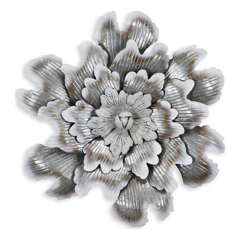 Pemberly Row Galvanized Metal Peony Style Wall Decor in Silver