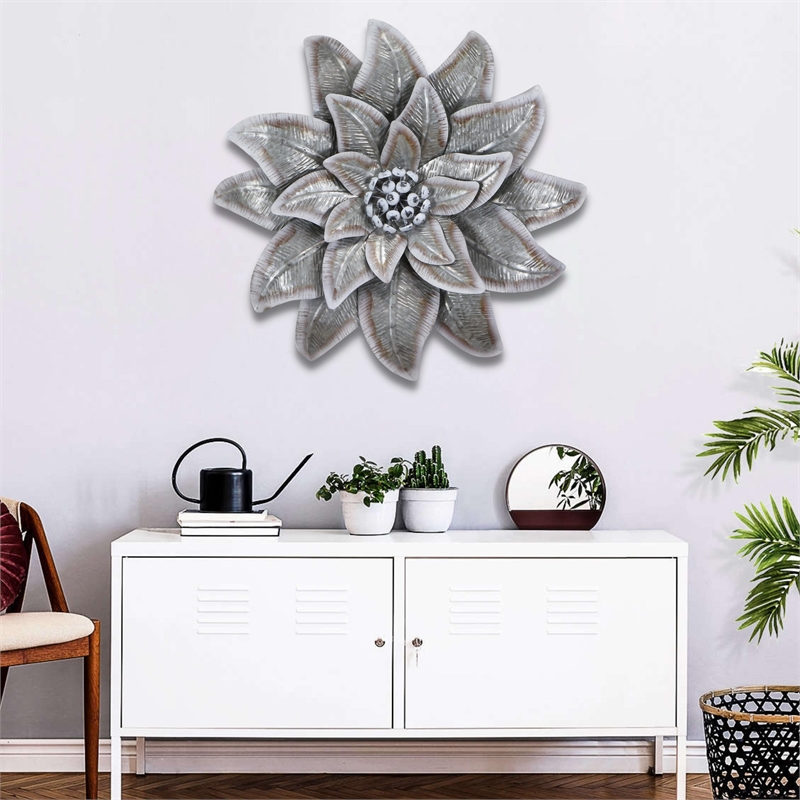 Pemberly Row Galvanized Metal Lotus Style Wall Decor in Silver