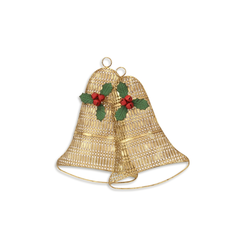 Pemberly Row Gold Metal Holiday Bell Wall Hanging with Ribbon