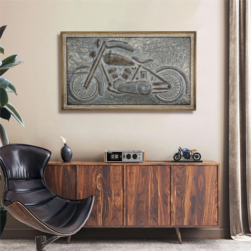 Pemberly Row Vintage Wood Framed Metal Motorcycle Wall Decor