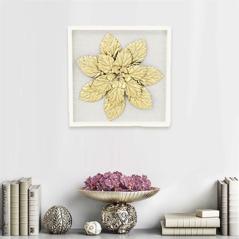 Pemberly Row Framed Elegant Gold Flower Art Print on White Frame