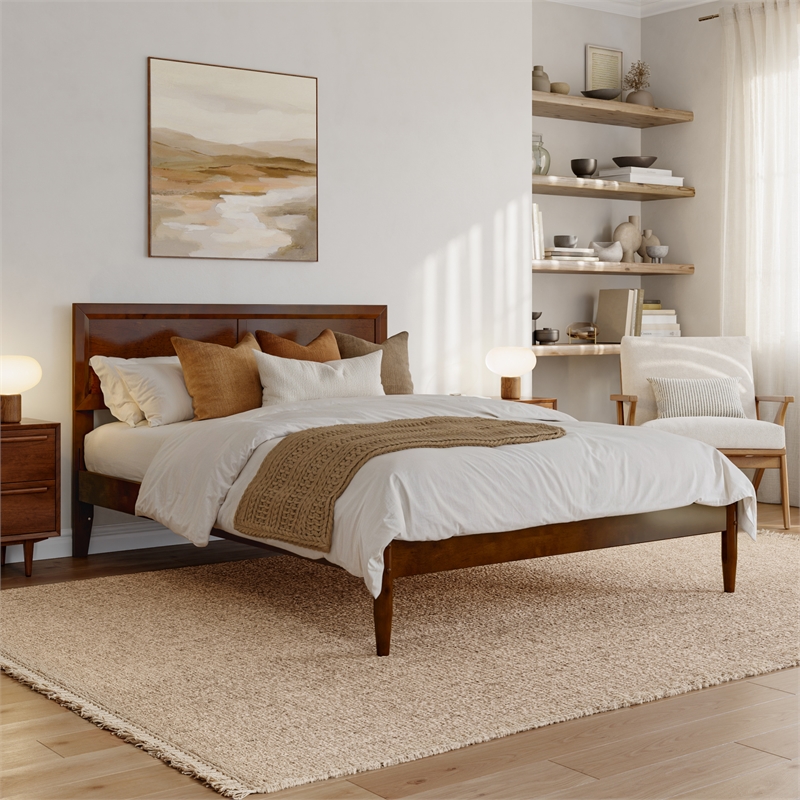 Pemberly Row Full Solid Wood Platform Bed with Slat Support in Walnut