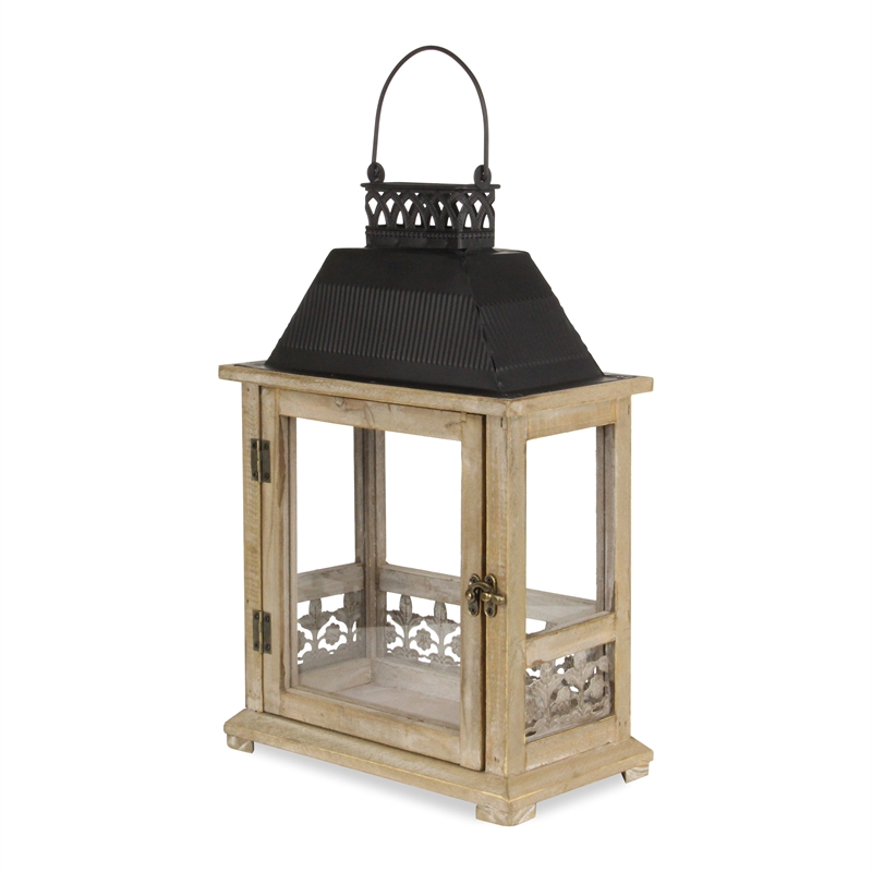 Pemberly Row Rectangular Wooden Lantern with Black Metal Top & Galvanized Accent