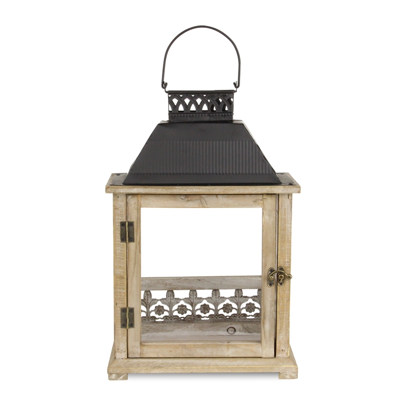 Pemberly Row Rectangular Wooden Lantern with Black Metal Top & Galvanized Accent