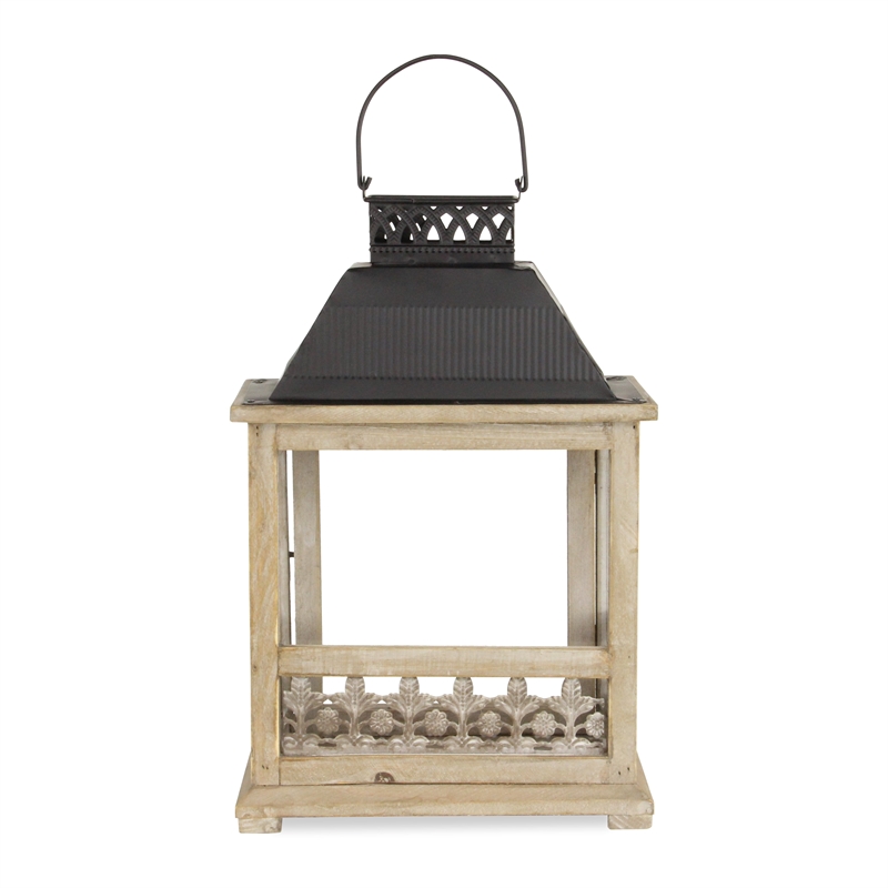 Pemberly Row Rectangular Wooden Lantern with Black Metal Top & Galvanized Accent