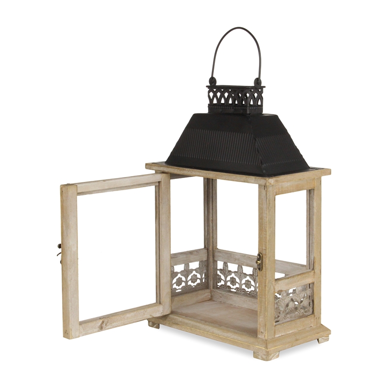 Pemberly Row Rectangular Wooden Lantern with Black Metal Top & Galvanized Accent