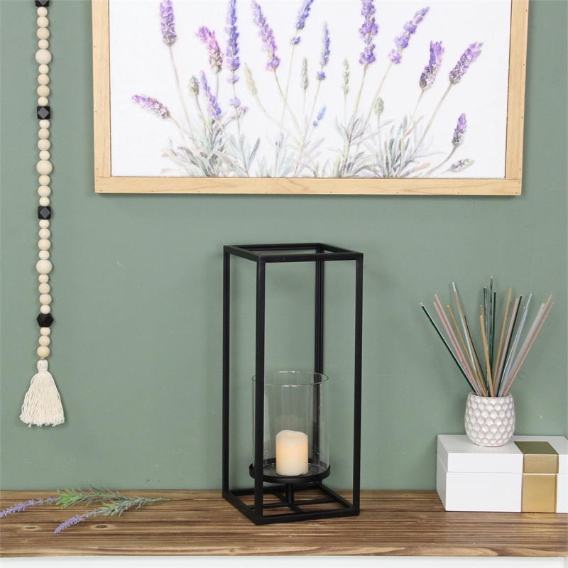 Pemberly Row Square Black Metal and Glass Panel Lantern Large Size
